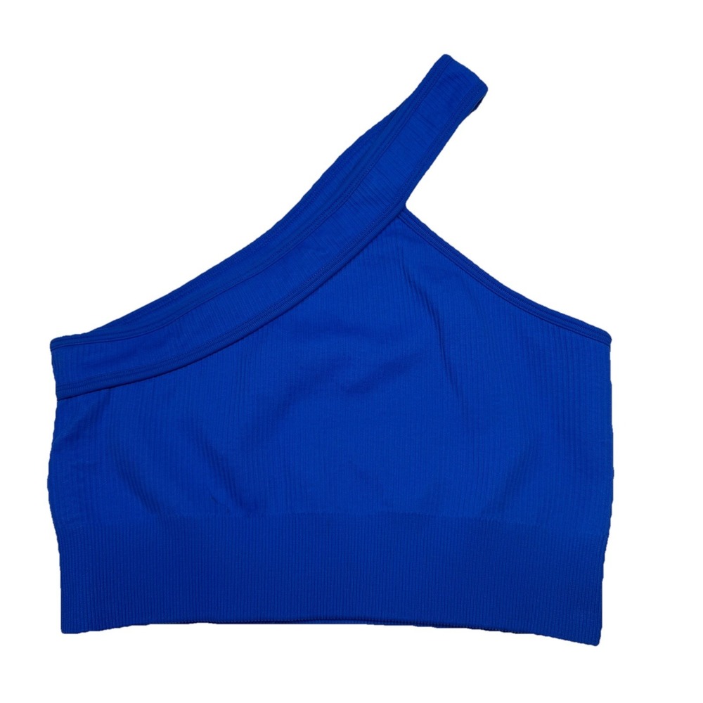 OQQ Women's One-Shoulder Sports Bra Blue Ribbed Seamless Crop Top Size S